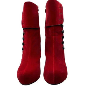 Red Velvet Button-Up Ankle‎ Boots With Fold-Over Design & Stiletto Heels Size 39